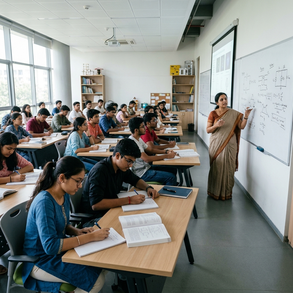 Indian students engaged in focused classroom learning with instructor, premium educational institution photography