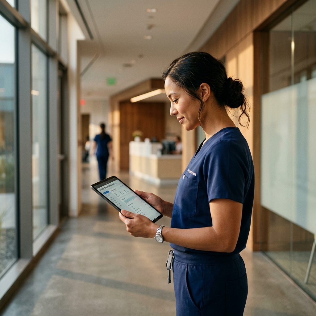 Board registered physician reviewing clinical guidelines in a modern hospital facility